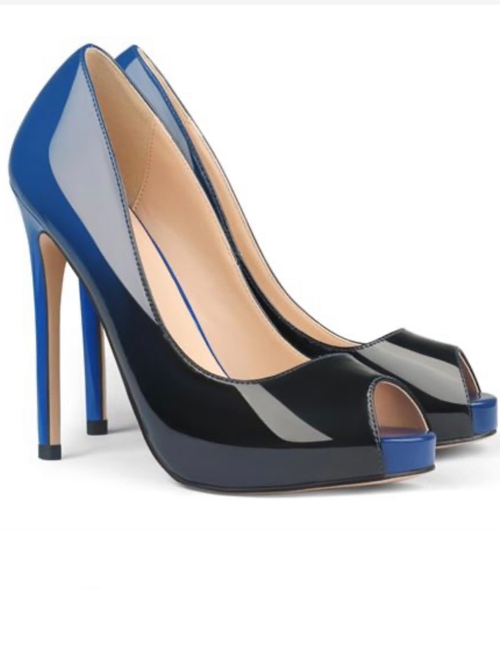 Blue-Black Ombré Patent Peep-Toe Stiletto Heels